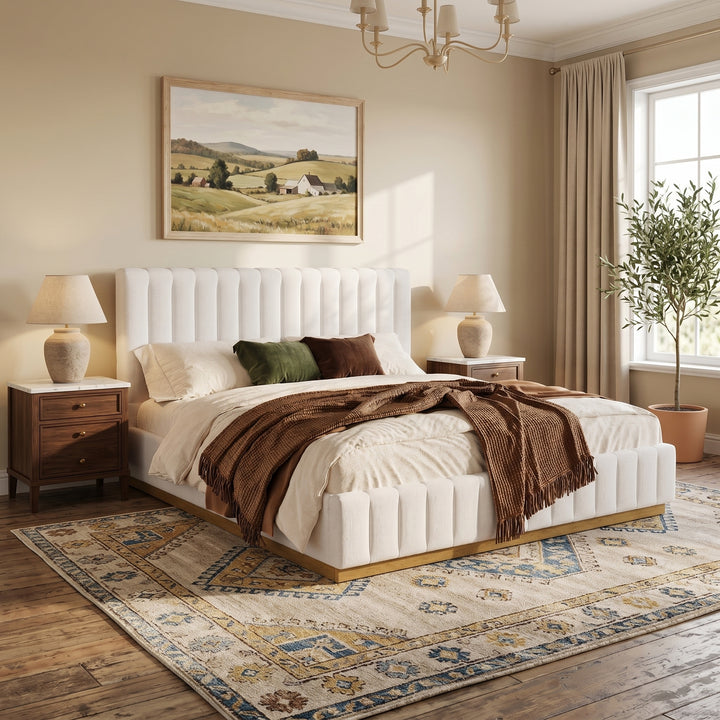 Linen Upholstered King Bed with Thick Headboard – Beige