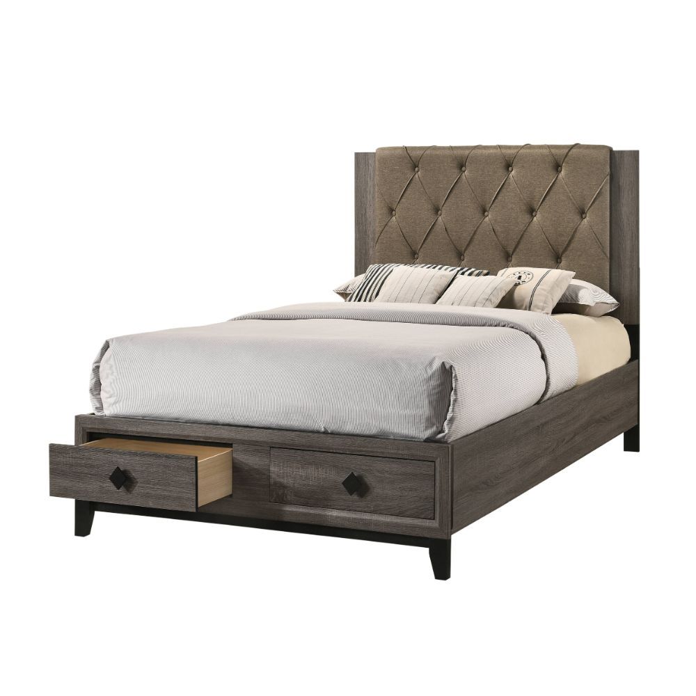 Avantika - Queen Bed With Storage - Fabric & Rustic Gray Oak