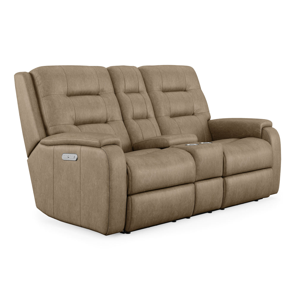 Arlo Leather Power Reclining Loveseat, Console & Power Headrests Light Brown