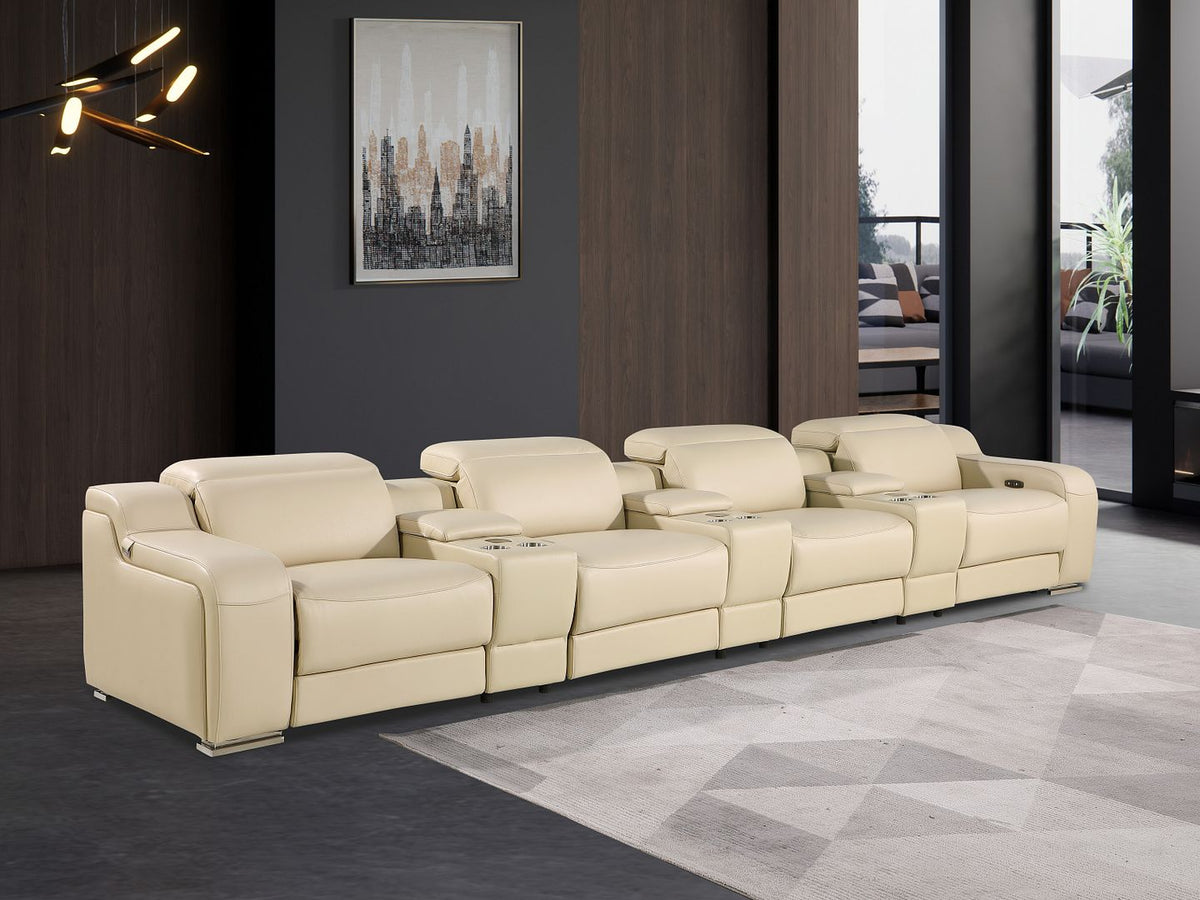 DivanItalia 1116 7-Piece Modular Power Reclining Sofa in Top Grain Italian Leather with 4 Power Recliners & Power Headrests - Beige