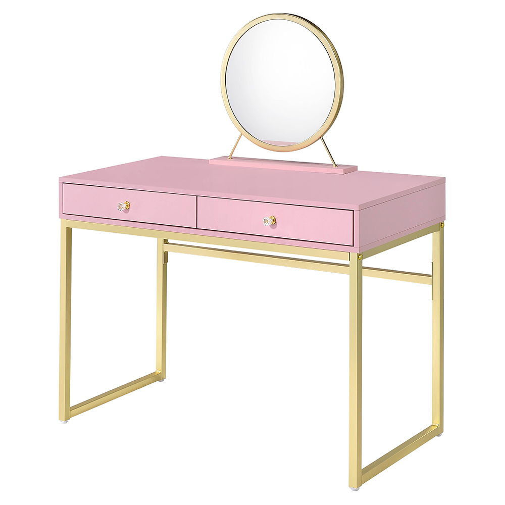 Coleen - Vanity Desk With Mirror & Jewelry Tray - Pink & Gold