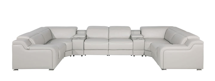 DivanItalia 1116 8-Piece U-Shaped Sectional Sofa in Top Grain Italian Leather with 2 Power Recliners &amp; Power Headrests – with Console - Light Gray