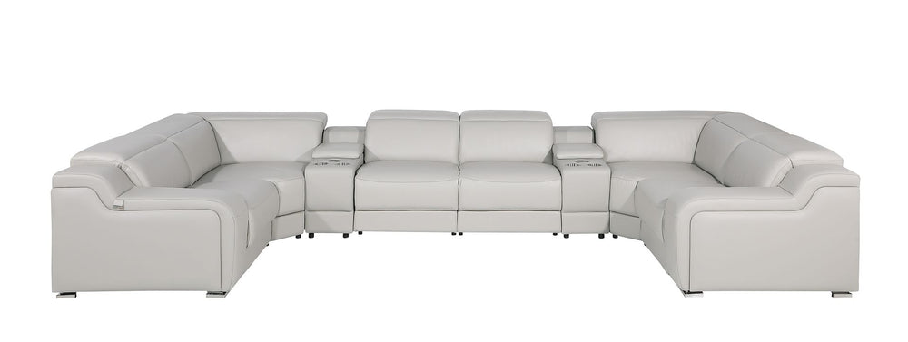 DivanItalia 1116 8-Piece U-Shaped Sectional Sofa in Top Grain Italian Leather with 2 Power Recliners & Power Headrests – with Console - Light Gray