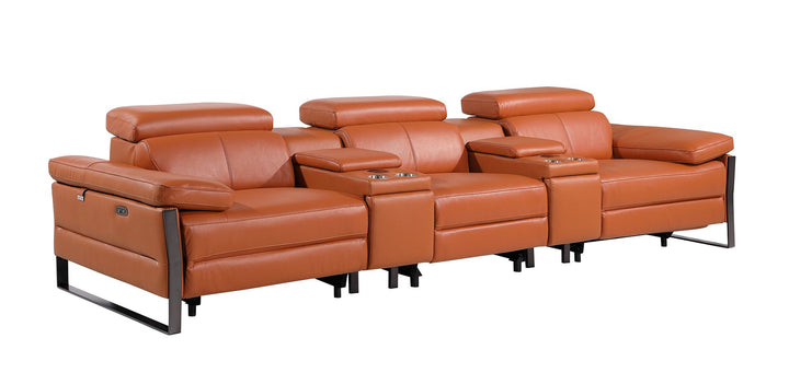 DivanItalia 1246 Modular Power Triple Reclining Dual Console Sofa with Power Reclining Headrests – Top Grain Italian Leather - Camel