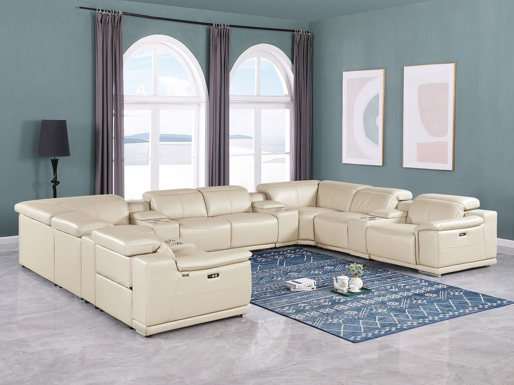 DivanItalia 9762 12-Piece U Shaped Top Grain Italian Leather Sectional Sofa with 4 Power Recliners - Beige