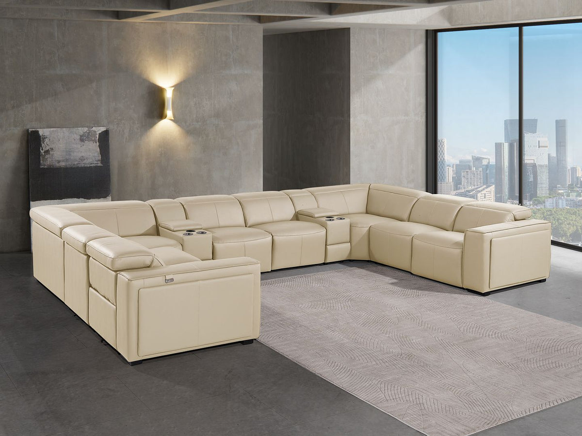 DivanItalia 1224 10-Piece U-Shaped Sectional Sofa in Top Grain Italian Leather with 4 Power Recliners & Power Headrests - Beige