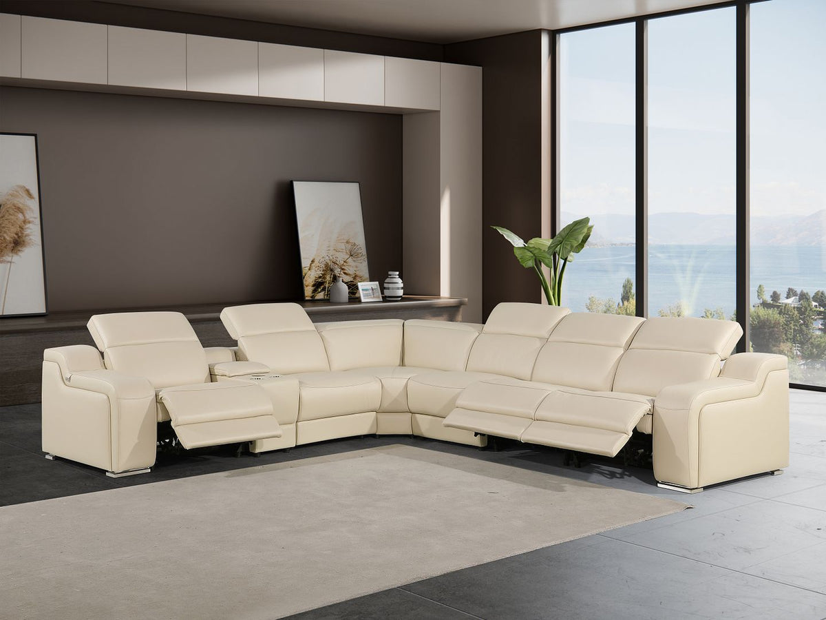 DivanItalia 1116 7-Piece L-Shaped Sectional Sofa in Top Grain Italian Leather with 3 Power Recliners & Power Headrests - Beige