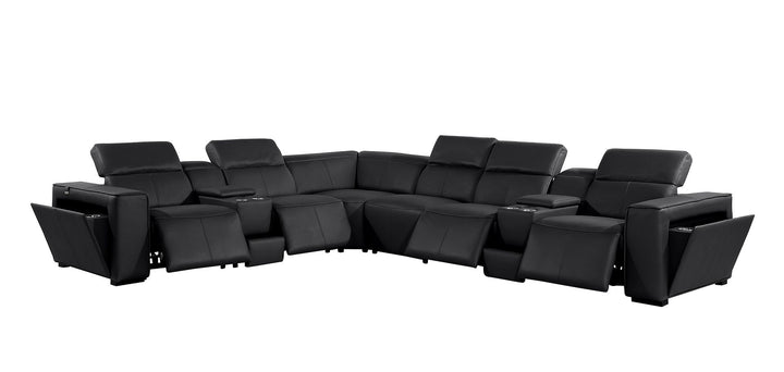 DivanItalia 1224 8-Piece U-Shaped Sectional Sofa in Top Grain Italian Leather with 4 Power Recliners &amp; Power Headrests – with Console - Black
