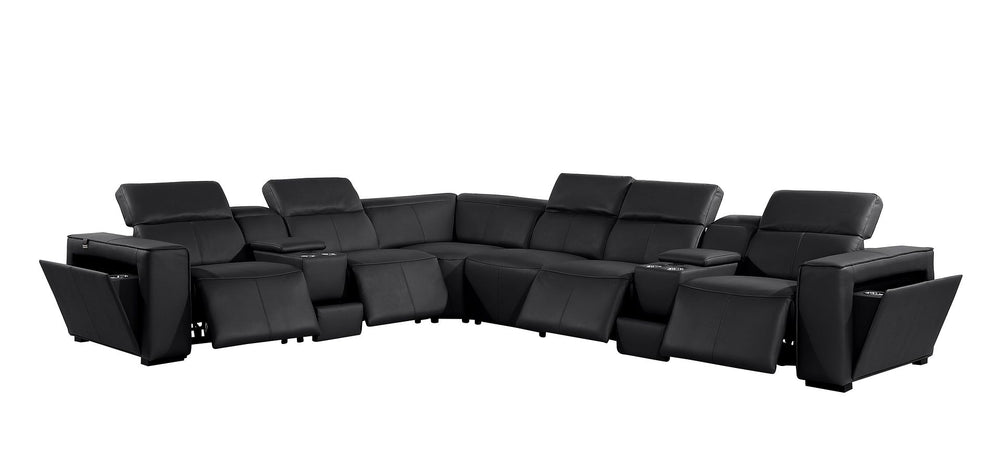 DivanItalia 1224 8-Piece U-Shaped Sectional Sofa in Top Grain Italian Leather with 4 Power Recliners & Power Headrests – with Console - Black