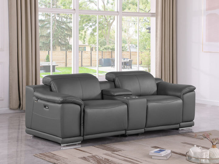 DivanItalia 9762 3-Piece Modular Power Reclining Console Loveseat with 2 Power Recliners in Top Grain Italian Leather - Dark Gray