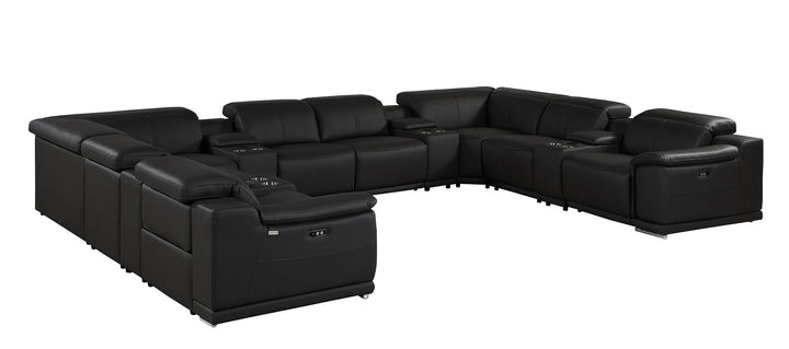 DivanItalia 9762 12-Piece U Shaped Top Grain Italian Leather Sectional Sofa with 4 Power Recliners - Black