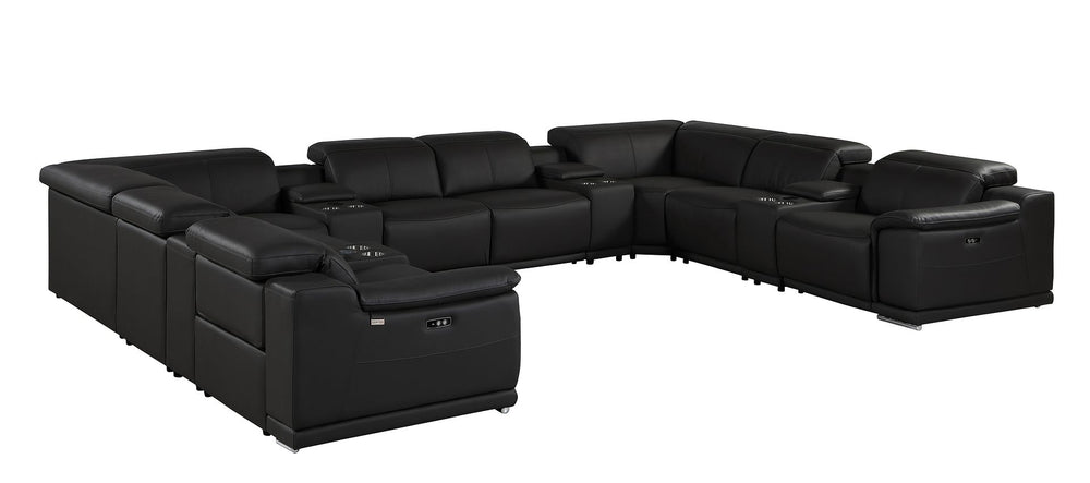 DivanItalia 9762 12-Piece U Shaped Top Grain Italian Leather Sectional Sofa with 4 Power Recliners - Black