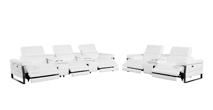 DivanItalia 1246 Modular Power Reclining Dual Console Sofa and Console Loveseat Set with Power Headrests – Top Grain Italian Leather - White