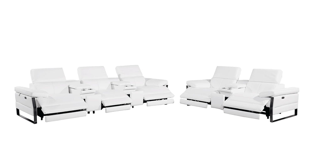 DivanItalia 1246 Modular Power Reclining Dual Console Sofa and Console Loveseat Set with Power Headrests – Top Grain Italian Leather - White