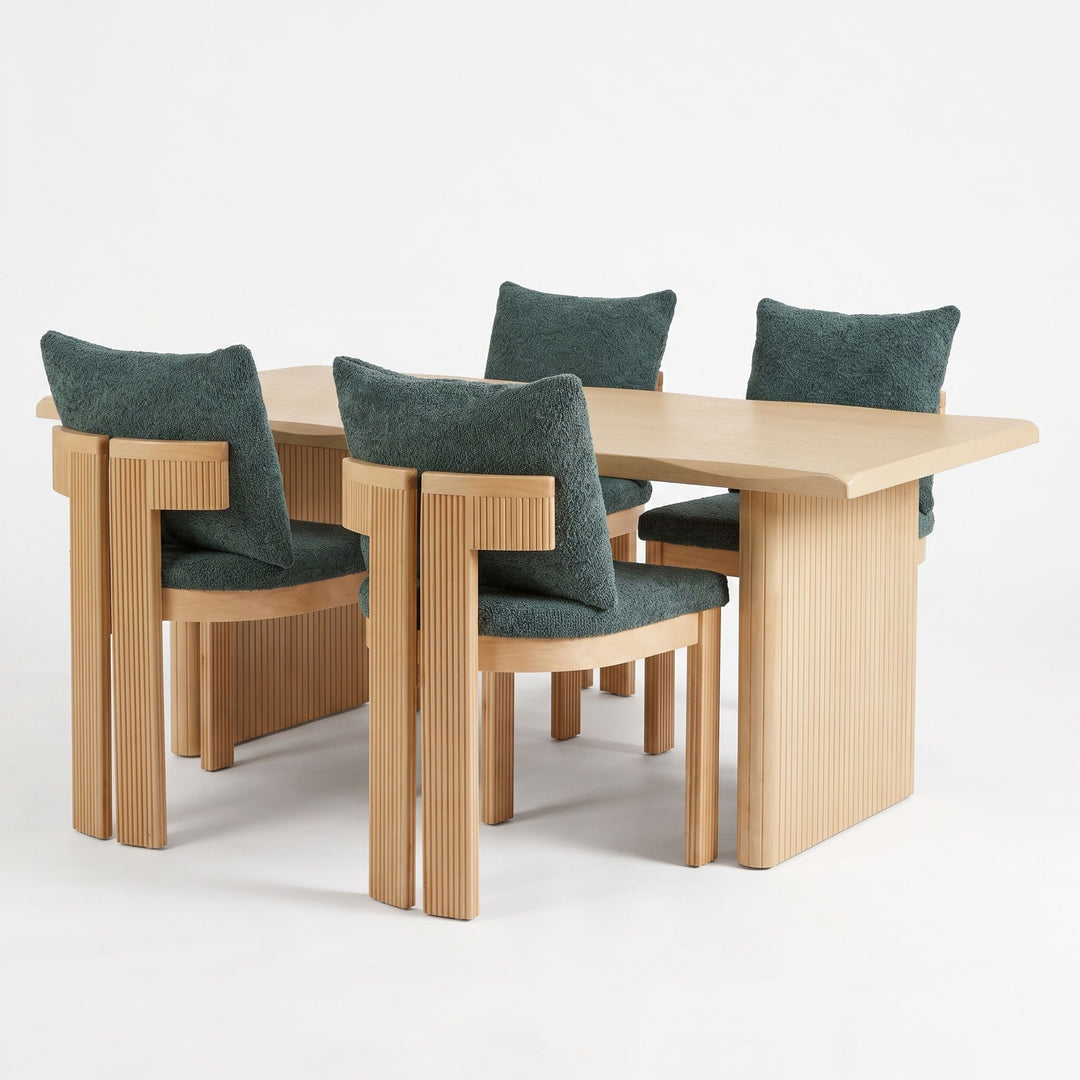 Fluted 5-Piece Dining Set with Boucle Chairs – Natural
