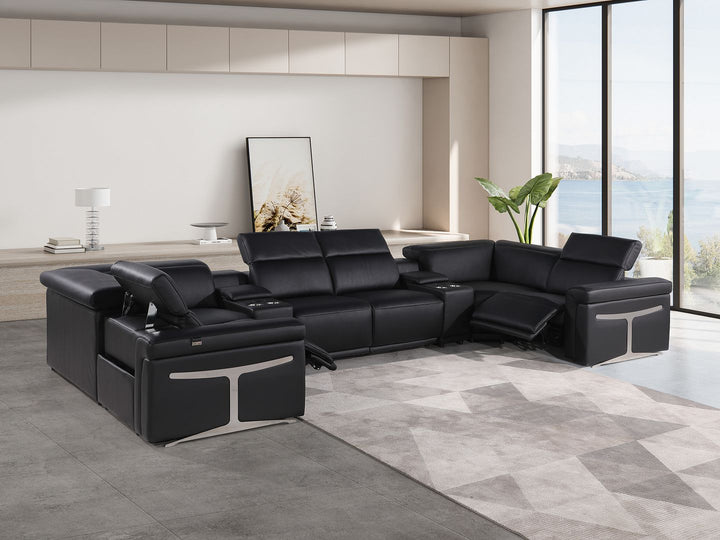 DivanItalia 1126 8-Piece U-Shaped Sectional Sofa in Top Grain Italian Leather with 2 Power Recliners &amp; Power Headrests - Black