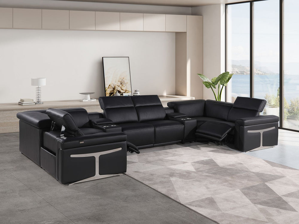 DivanItalia 1126 8-Piece U-Shaped Sectional Sofa in Top Grain Italian Leather with 2 Power Recliners & Power Headrests - Black