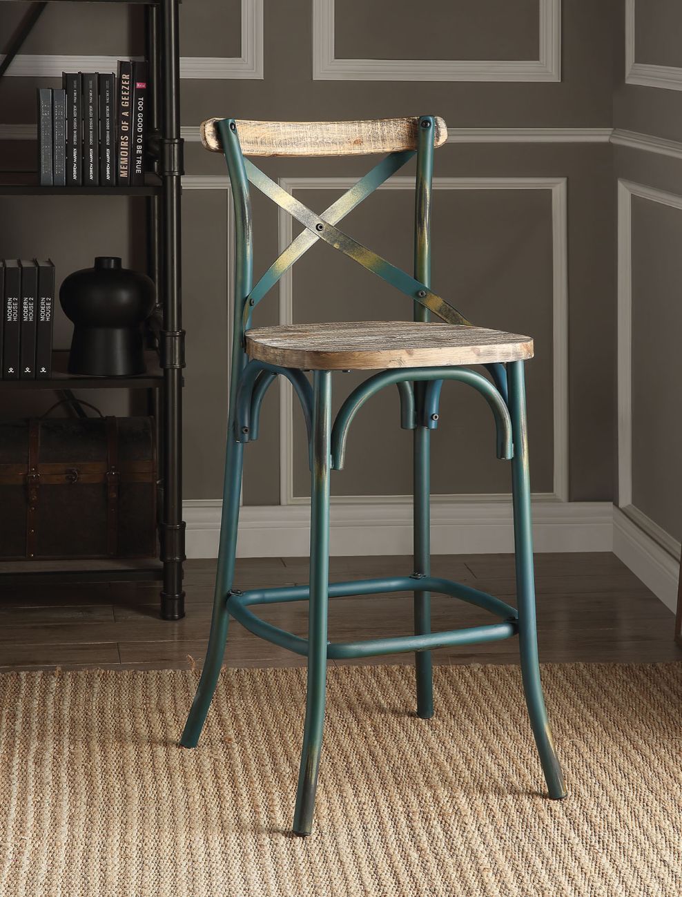 ACME Furniture Zaire Bar Chair Antique Turquoise & Antique Oak