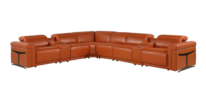 DivanItalia 1126 8-Piece L-Shaped Sectional Sofa in Top Grain Italian Leather with 4 Power Recliners &amp; Power Headrests - Camel