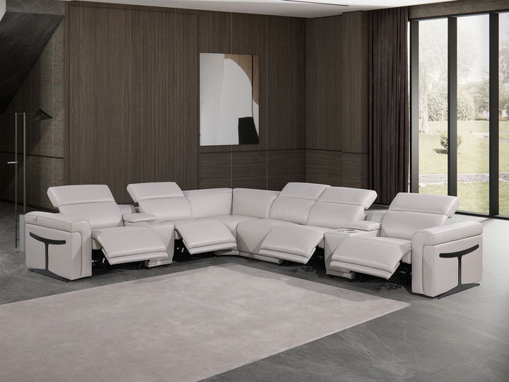 DivanItalia 1126 8-Piece L-Shaped Sectional Sofa in Top Grain Italian Leather with 4 Power Recliners &amp; Power Headrests - Light Gray
