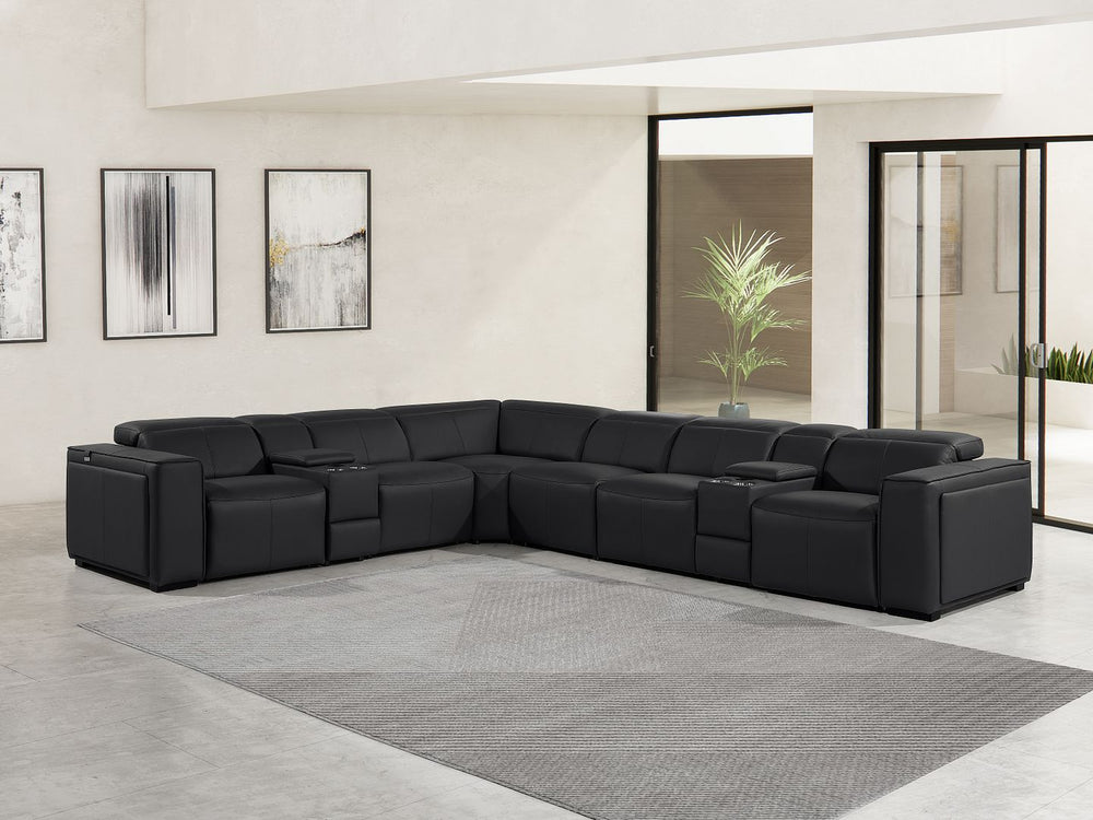 DivanItalia 1224 8-Piece U-Shaped Sectional Sofa in Top Grain Italian Leather with 4 Power Recliners & Power Headrests – with Console - Black