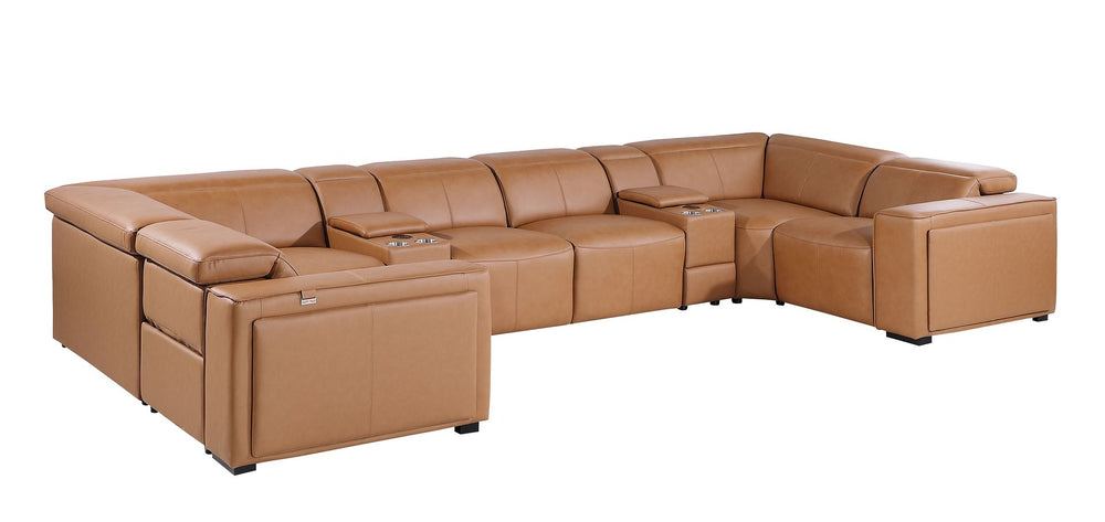 DivanItalia 1224 8-Piece U-Shaped Sectional Sofa in Top Grain Italian Leather with 4 Power Recliners & Power Headrests – with Console - Cognac