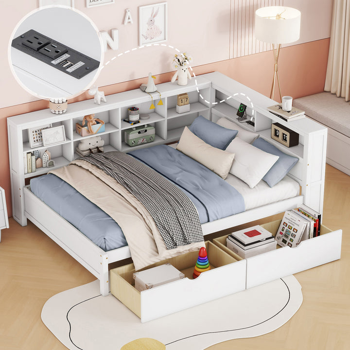 Wooden Full Size Daybed with Drawers, Storage Shelf &amp; USB Ports – White