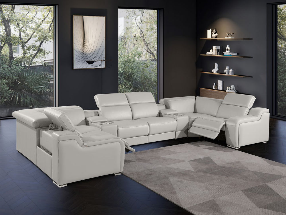 DivanItalia 1116 8-Piece U-Shaped Sectional Sofa in Top Grain Italian Leather with 2 Power Recliners & Power Headrests – with Console - Light Gray
