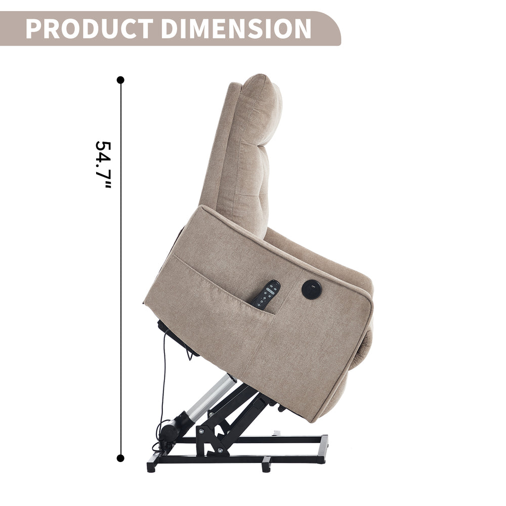 Khaki Power Lift Recliner Chair with Heat, Massage, USB Charging & Swivel for Elderly