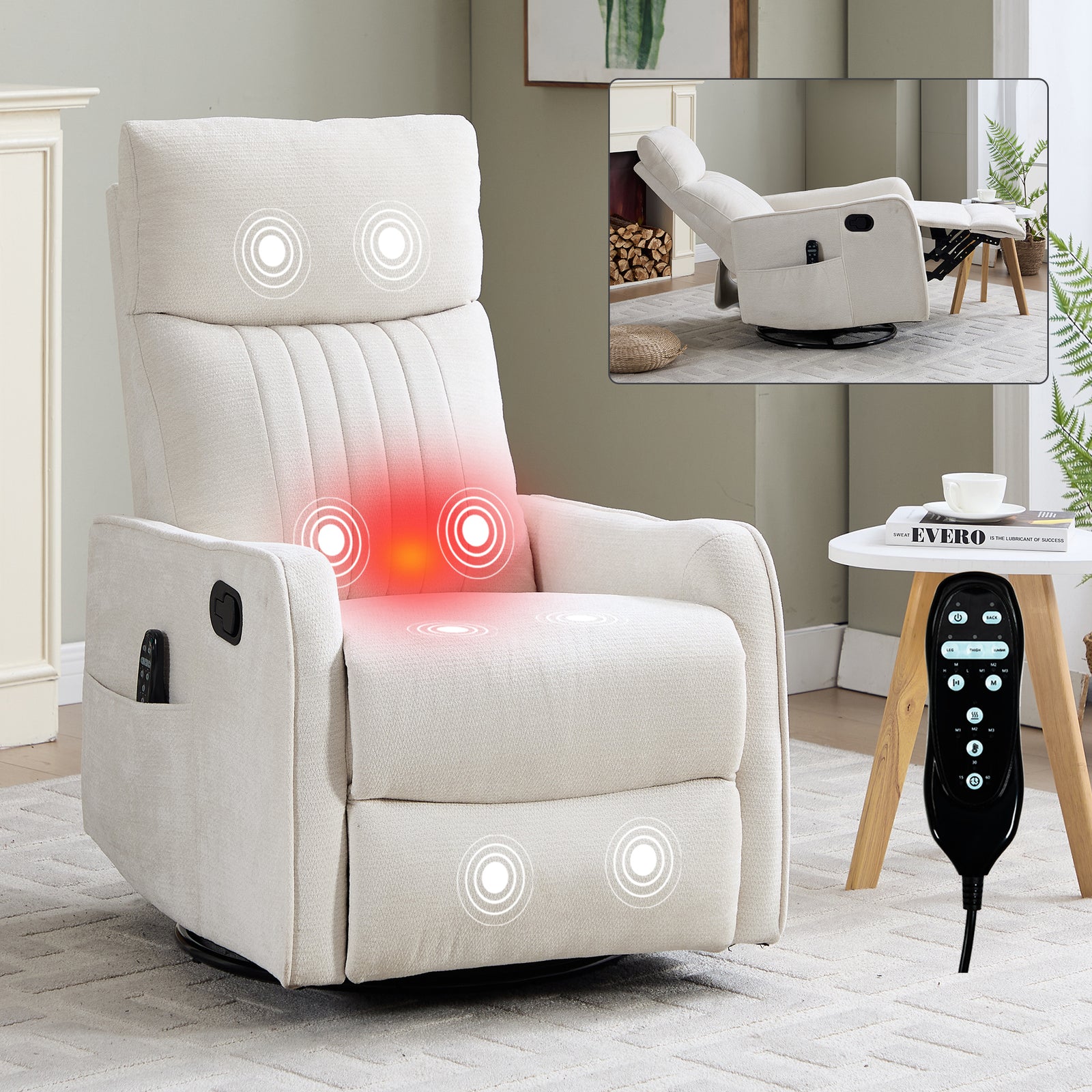 Beige Heat Massage Manual Recliner Chair with Rocker and Swivel in Fabric