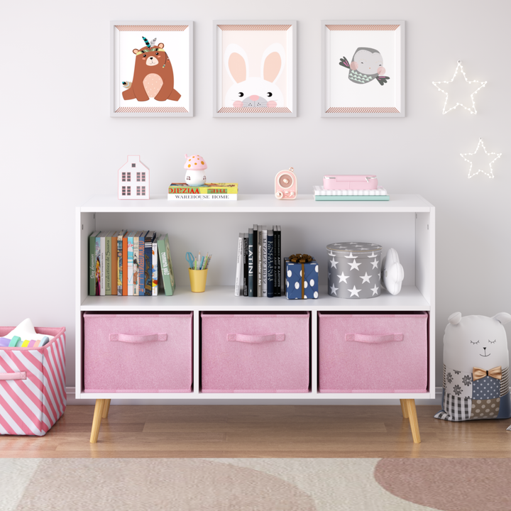 modern-kids-bookcase-with-collapsible-fabric-drawers-childrens-book-display-toy-storage-white-pink-mdf-pine-legs