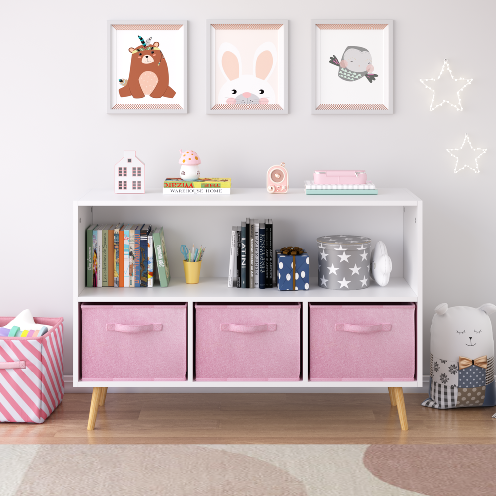 modern-kids-bookcase-with-collapsible-fabric-drawers-childrens-book-display-toy-storage-white-pink-mdf-pine-legs