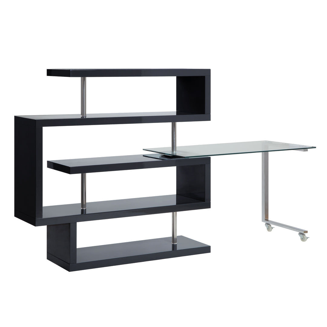 Buck II - Writing Desk With Bookshelf - Clear Glass, Chrome & Black High Gloss