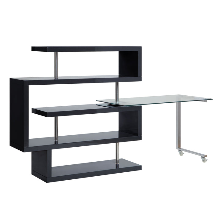 Buck II - Writing Desk With Bookshelf - Clear Glass, Chrome & Black High Gloss