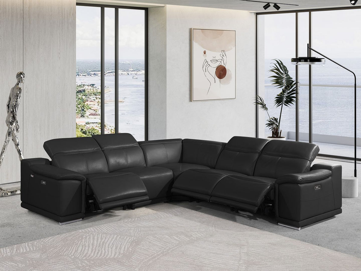 DivanItalia 9762 5-Piece L Shaped Top Grain Italian Leather Sectional Sofa with 3 Power Recliners - Black