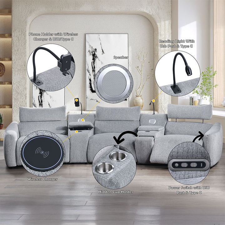 Fullar - Modular Console With Wireless Charger - Light Gary Chenille