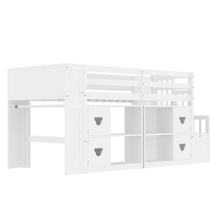Solid Low Twin Loft Bed with Storage Cabinets, Staircase Drawers & LED Lights, White
