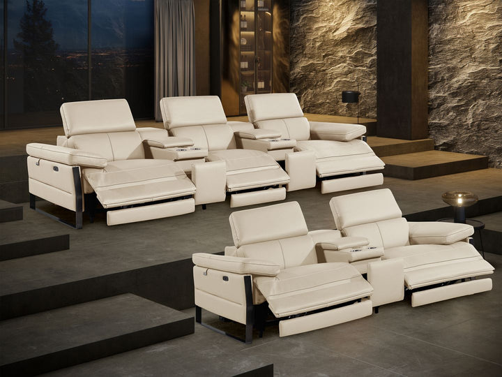 DivanItalia 1246 Modular Power Reclining Dual Console Sofa and Console Loveseat Set with Power Headrests – Top Grain Italian Leather - Beige