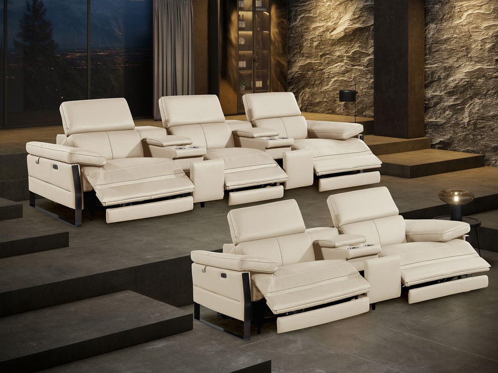 DivanItalia 1246 Modular Power Reclining Dual Console Sofa and Console Loveseat Set with Power Headrests – Top Grain Italian Leather - Beige