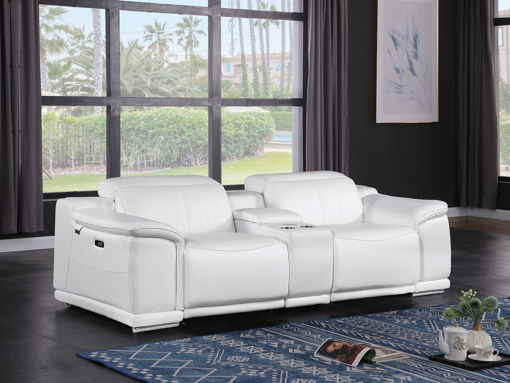 DivanItalia 9762 3-Piece Modular Power Reclining Console Loveseat with 2 Power Recliners in Top Grain Italian Leather - White
