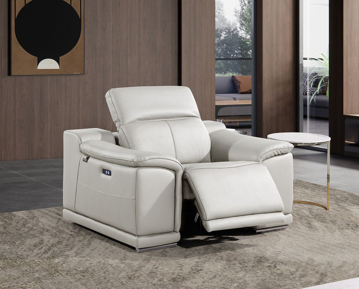 DivanItalia 9762 Top Grain Italian Leather Power Reclining Chair with Adjustable Headrests - Light Gray