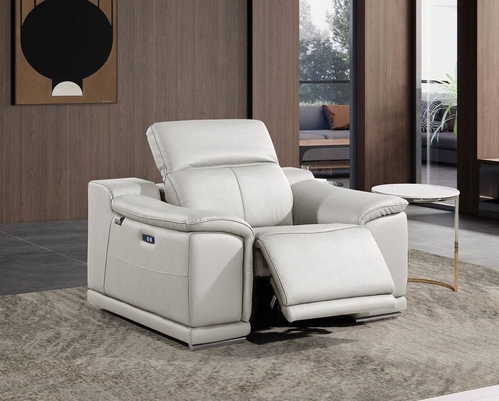 DivanItalia 9762 Top Grain Italian Leather Power Reclining Chair with Adjustable Headrests - Light Gray