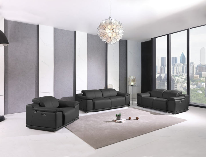 DivanItalia 9762 Top Grain Italian Leather Power Reclining Sofa, Loveseat and Chair Set with Adjustable Headrests - Dark Gray