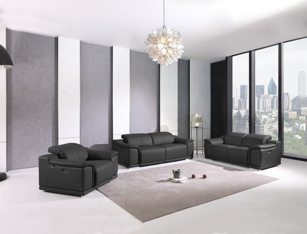 DivanItalia 9762 Top Grain Italian Leather Power Reclining Sofa, Loveseat and Chair Set with Adjustable Headrests - Dark Gray