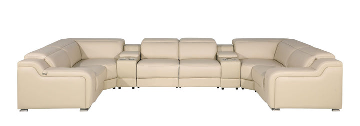 DivanItalia 1116 8-Piece U-Shaped Sectional Sofa in Top Grain Italian Leather with 2 Power Recliners &amp; Power Headrests – with Console - Beige