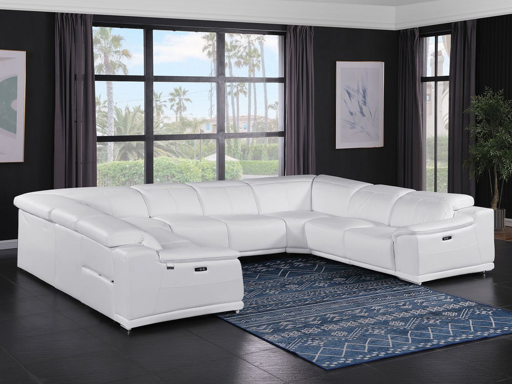 DivanItalia 9762 8-Piece U Shaped Top Grain Italian Leather Sectional Sofa with 4 Power Recliners – No Console - White