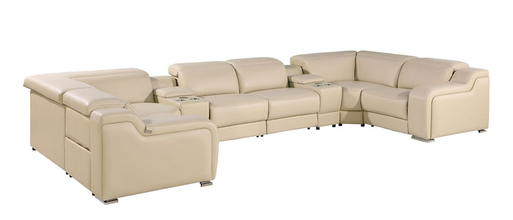 DivanItalia 1116 8-Piece U-Shaped Sectional Sofa in Top Grain Italian Leather with 2 Power Recliners &amp; Power Headrests – with Console - Beige