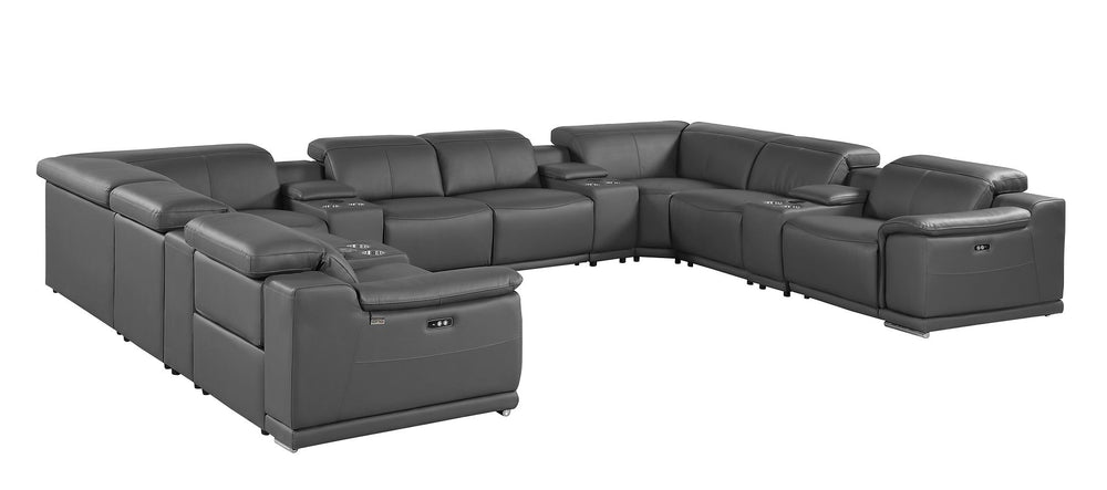 DivanItalia 9762 12-Piece U Shaped Top Grain Italian Leather Sectional Sofa with 4 Power Recliners - Dark Gray