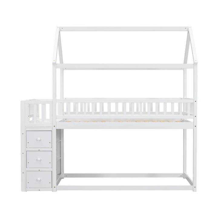 twin-twin-house-bunk-bed-with-shelves-and-drawers-white-color