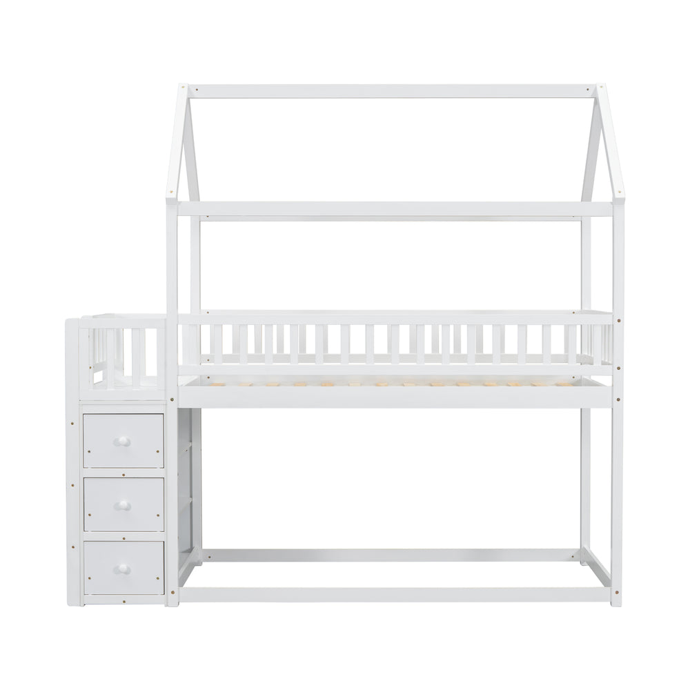 twin-twin-house-bunk-bed-with-shelves-and-drawers-white-color